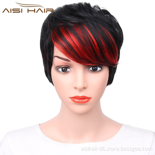For Women Synthetic Short Style The Best Selling Straight Pixie Cut Wigs Hair With Red Bangs Wig Heat Resistant Fiber